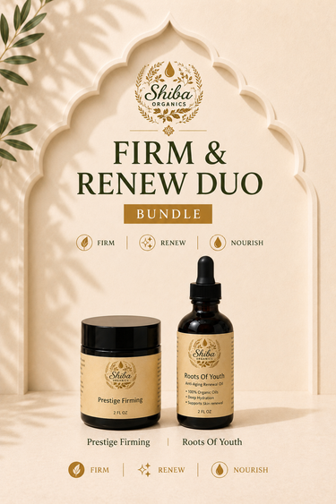 Shiba Organics Firm & Renew Duo Bundle featuring a jar of Prestige Firming and a bottle of Roots Of Youth, presented under an arched frame with leaf shadows on a warm beige background.