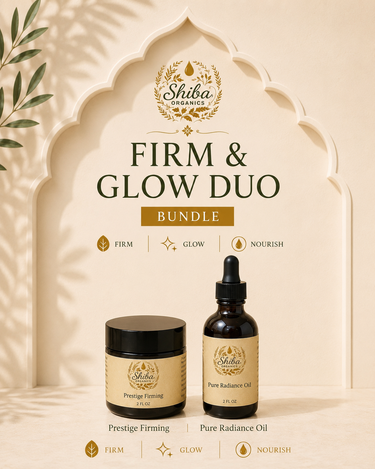 Shiba Organics Firm & Glow Duo bundle featuring a jar of Prestige Firming cream and a bottle of Pure Radiance Oil, set against a decorative beige arch background with leaf shadows.
