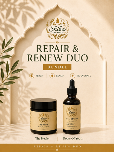 Shiba Organics Repair & Renew Duo bundle featuring 'The Healer' jar and 'Roots Of Youth' dropper bottle in front of an arched beige backdrop with shadow leaf patterns.