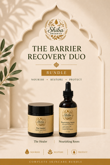 Shiba Organics The Barrier Recovery Duo skincare bundle featuring a jar labeled 'The Healer' and a dropper bottle labeled 'Nourishing Roots' under an arched decorative frame with leaf shadows.