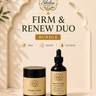 Shiba Organics Firm & Renew Duo Bundle featuring a jar of Prestige Firming and a bottle of Roots Of Youth, presented under an arched frame with leaf shadows on a warm beige background.