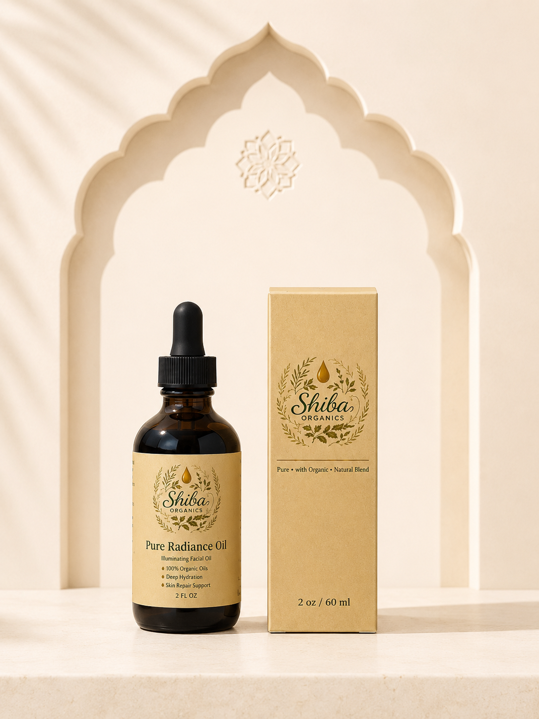 A bottle of Shiba Organics Pure Radiance Oil next to its matching beige cardboard box, set against a decorative beige arch background with soft leaf shadows.
