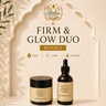 Shiba Organics Firm & Glow Duo bundle featuring a jar of Prestige Firming cream and a bottle of Pure Radiance Oil, set against a decorative beige arch background with leaf shadows.