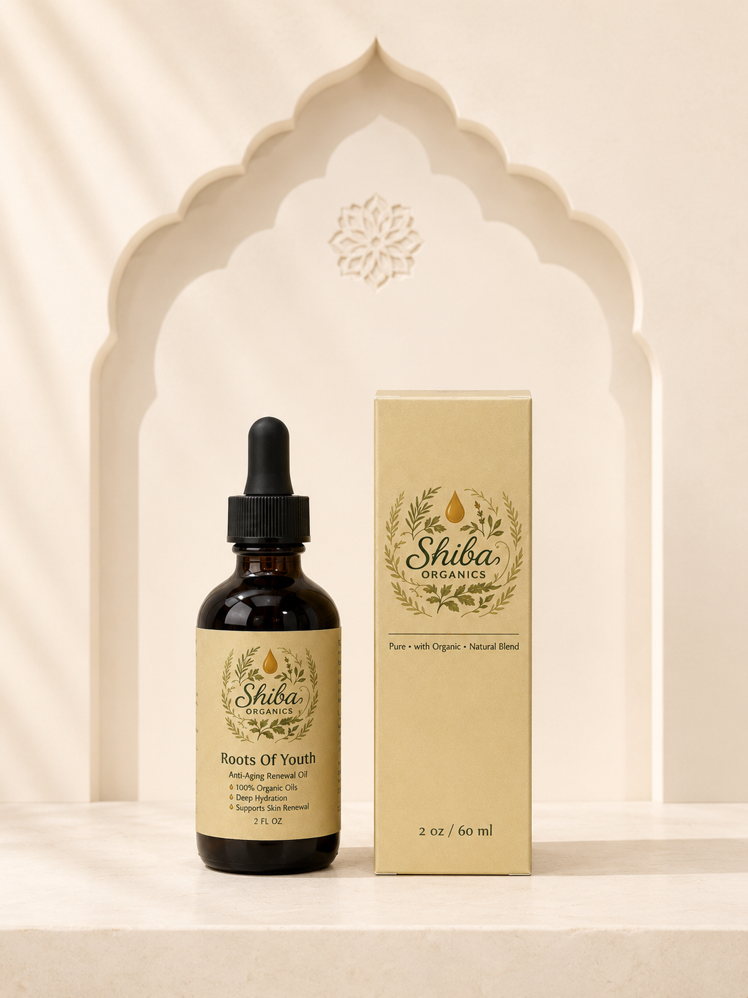 A bottle of Shiba Organics Roots of Youth dark aging arumetin oil next to its beige packaging box, displayed on a beige stone surface in front of a decorative archway.