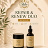Shiba Organics Repair & Renew Duo bundle featuring 'The Healer' jar and 'Roots Of Youth' dropper bottle in front of an arched beige backdrop with shadow leaf patterns.