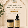 Shiba Organics The Barrier Recovery Duo skincare bundle featuring a jar labeled 'The Healer' and a dropper bottle labeled 'Nourishing Roots' under an arched decorative frame with leaf shadows.
