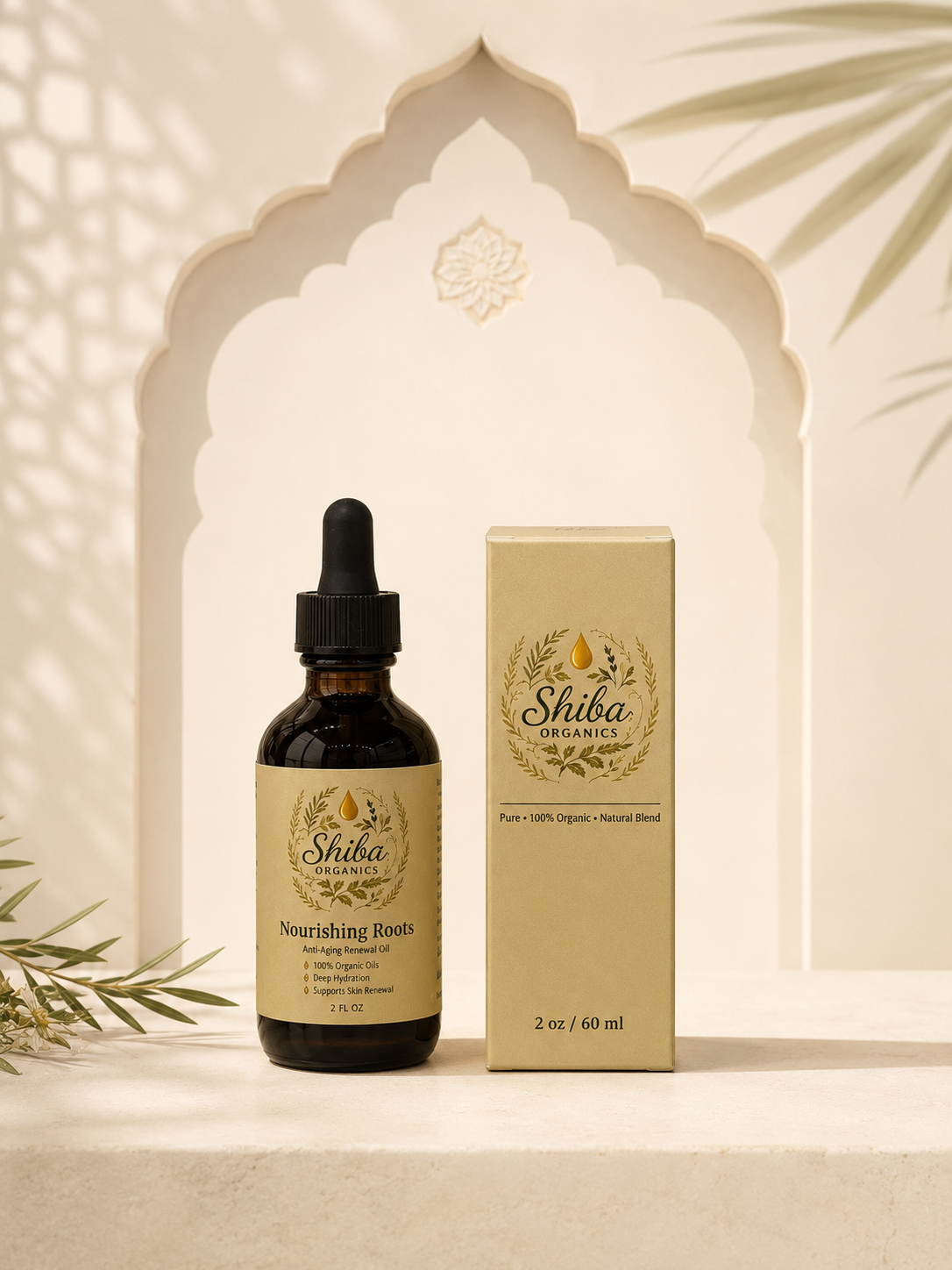 A bottle of Shika Organics Nourishing Roots herbal oil next to its matching beige box packaging, styled on a stone surface with a decorative arch background and soft leaf shadows.