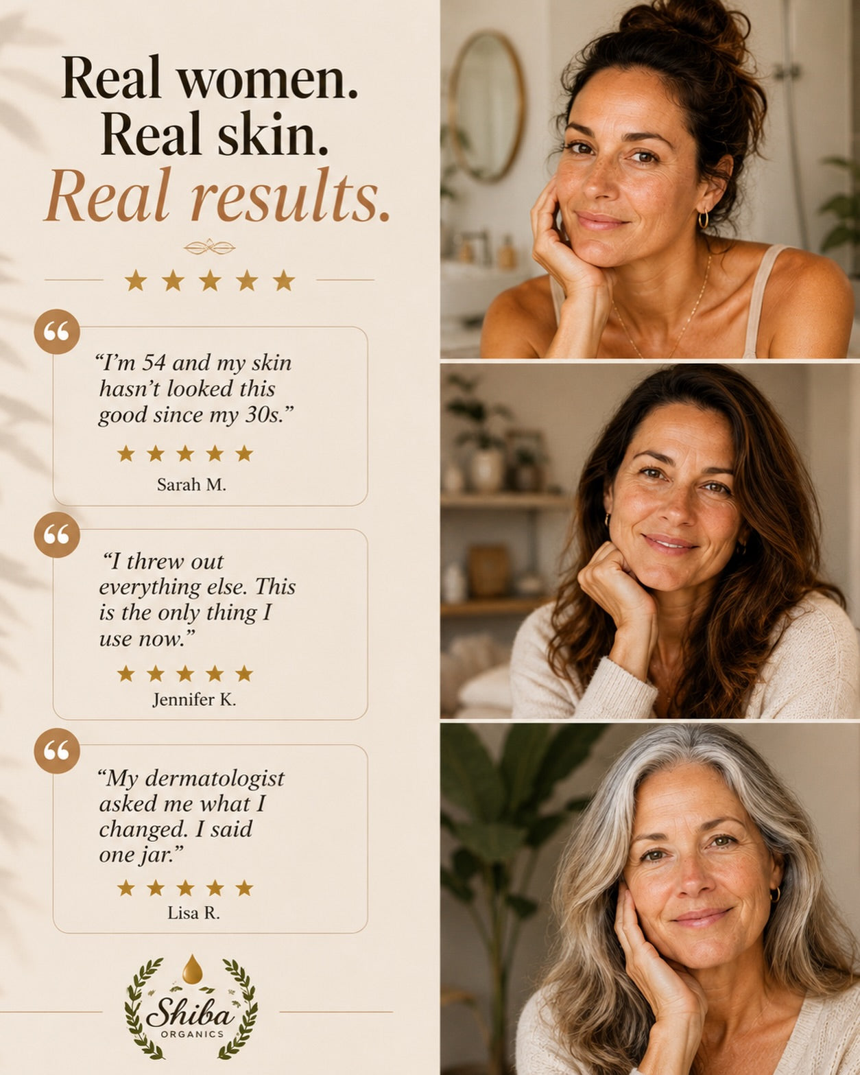 A promotional collage with three women shown in separate portrait panels on the right, alongside quote boxes and the text 'Real women. Real skin.